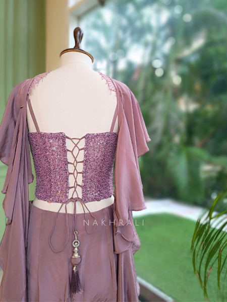 Shimmer Glow Dusty Mauve Crop Top Skirt Set With Sequin Corset & Ruffle Cape Detail