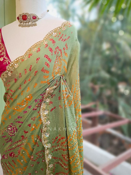 Sarang Pista Green  Bandhani Saree with Gota Border