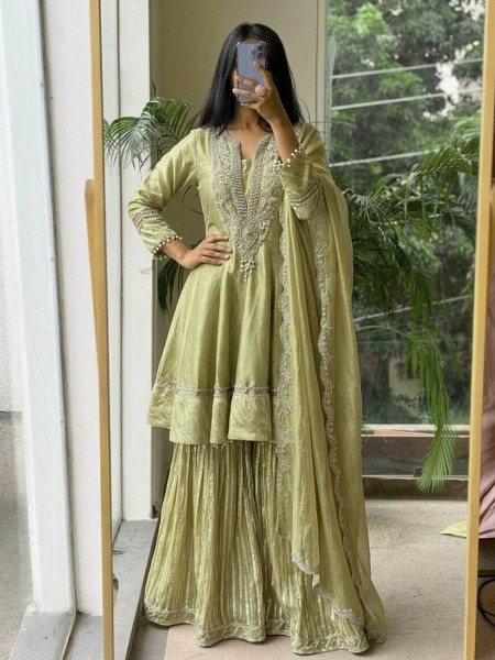Nazakat-E-Tissue Mehendi Green Short Anarkali Sharara Suit Set