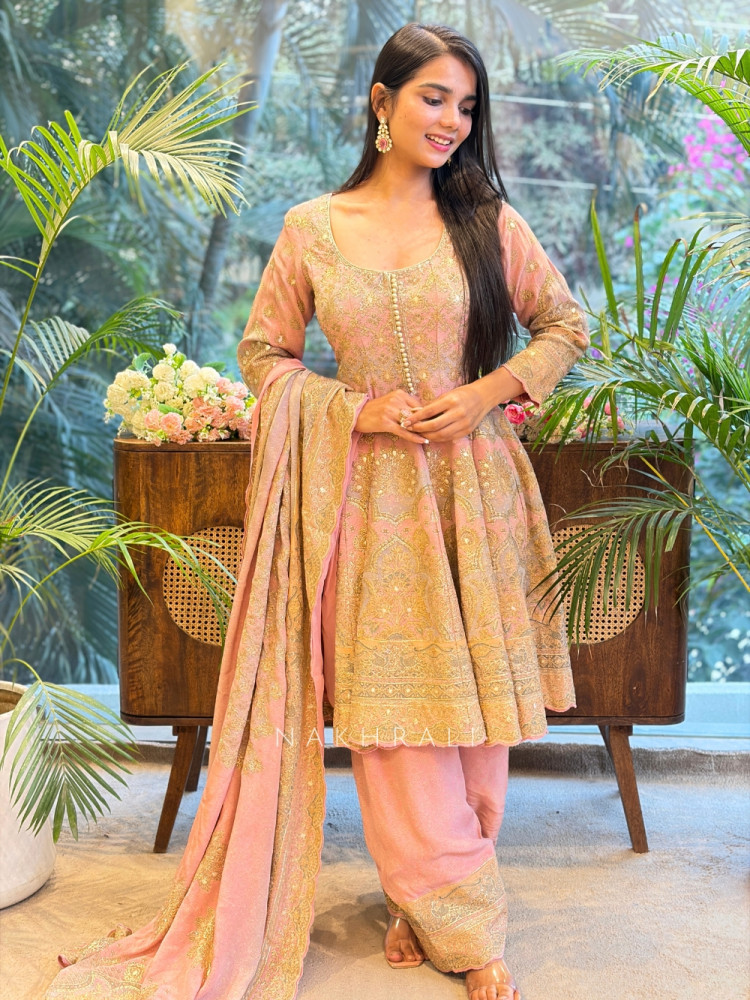 Image of Roselle Pink Brocade Kurta Pant Set with Zari Work