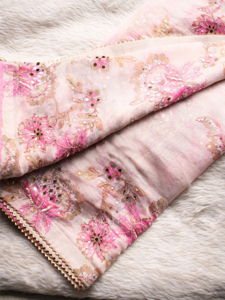 Petal Gleam Pink Floral Silk Organza Saree