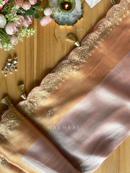 Skylight Peach Zari Weaved Saree with Embroidered Border