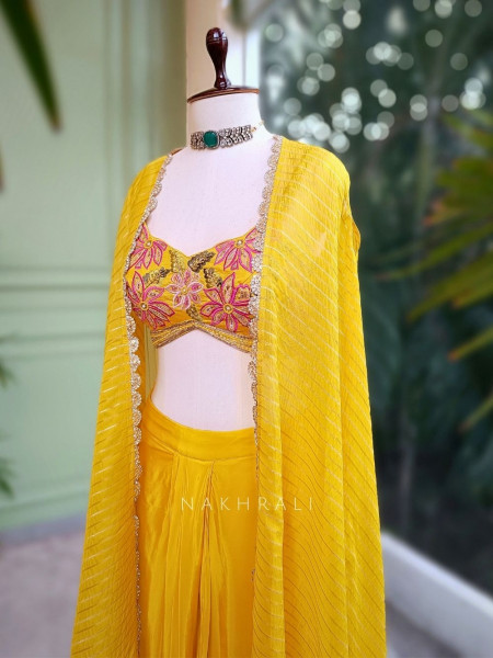 Mustard Luxe Crop Top Drape Skirt Set with Jacket
