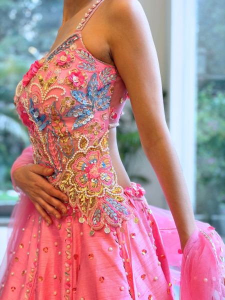 Verbena Pink Raw Silk & Tulle Carnival Lehenga Set