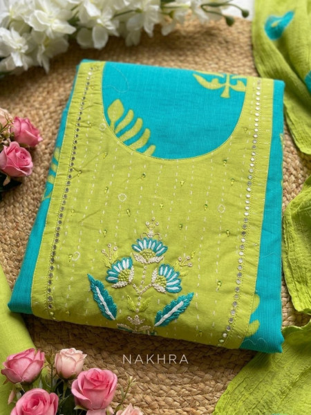 Pankhuri Green Printed Dress Material with Floral Embroidered Neckline