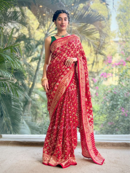 Zariyah Red Bandhani Saree with Zari Weave