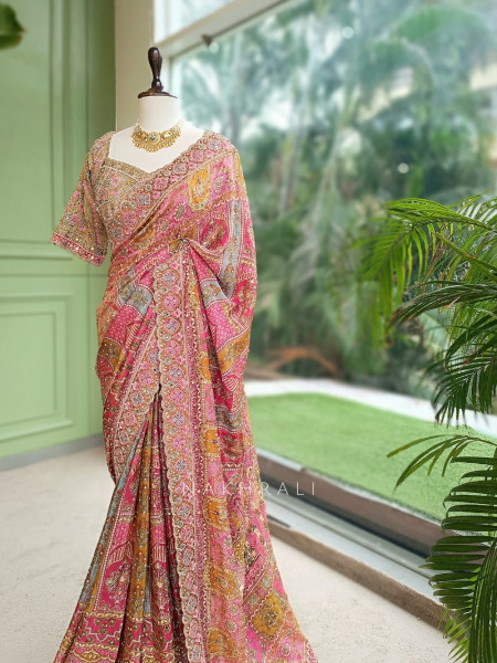 Abhlasha Pink Printed Saree with Readymade Blouse