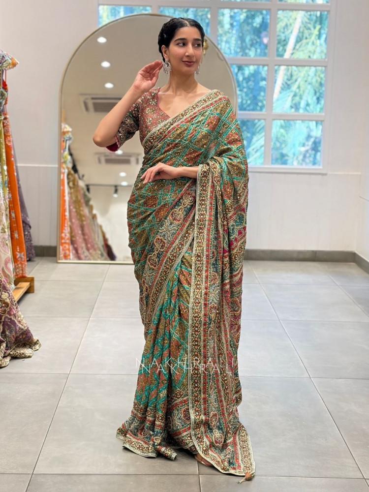 Image of Alankar Rama Green Saree with Embroidery Sequin and Mirror Work