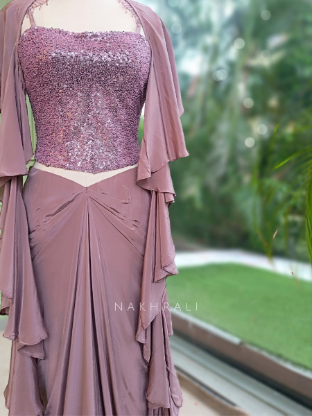 Shimmer Glow Dusty Mauve Crop Top Skirt Set With Sequin Corset & Ruffle Cape Detail