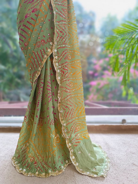 Sarang Pista Green  Bandhani Saree with Gota Border