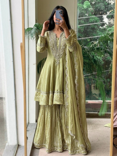 Nazakat-E-Tissue Mehendi Green Short Anarkali Sharara Suit Set