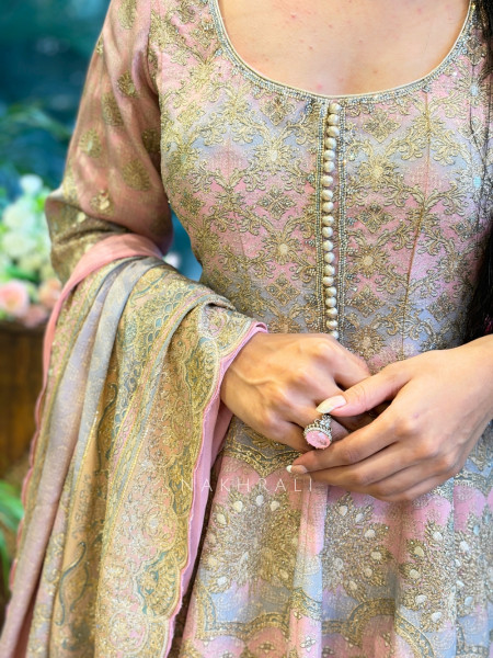 Roselle Pink Brocade Kurta Pant Set with Zari Work