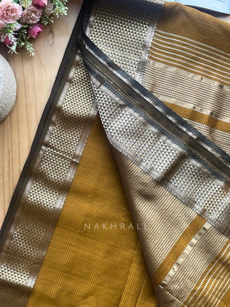 Kavini Mustard Maheshwari Saree with Zari Borderr