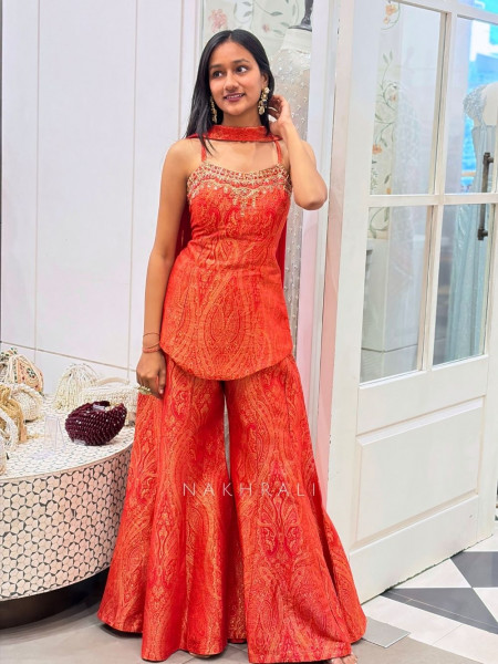 Kaelina Orange Suit Set with Intricate Paisley Embellished Work