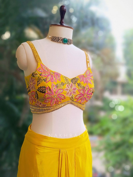 Mustard Luxe Crop Top Drape Skirt Set with Jacket