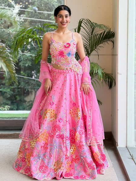 Verbena Pink Raw Silk & Tulle Carnival Lehenga Set