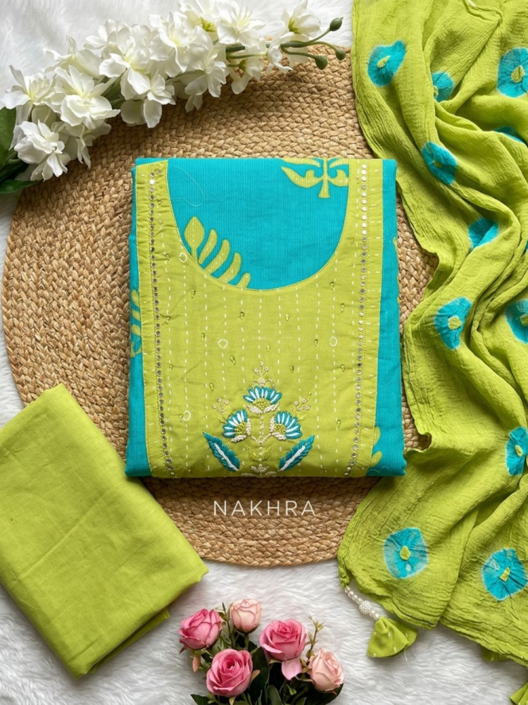 Image of Pankhuri Green Printed Dress Material with Floral Embroidered Neckline