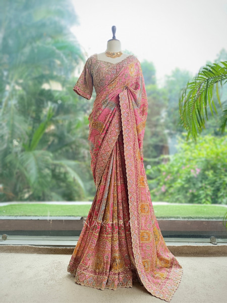 Abhlasha Pink Printed Saree with Readymade Blouse