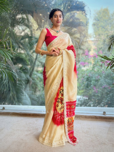 Aaru Beige Crepe Silk Saree with Zari Pallu Print