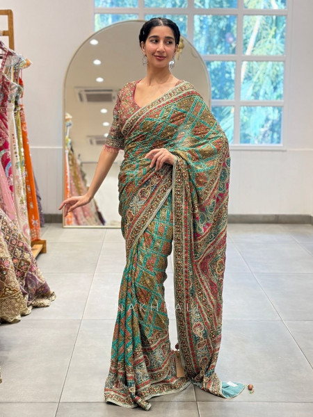 Alankar Rama Green Saree with Embroidery Sequin and Mirror Work