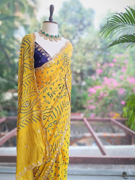 Mehrang Yellow Bandhani Saree with Gota Border