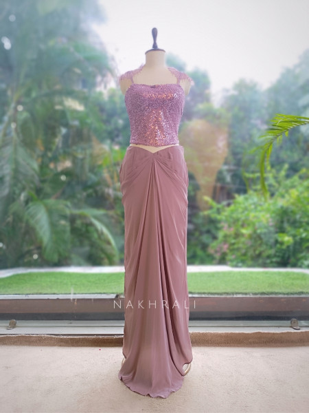 Shimmer Glow Dusty Mauve Crop Top Skirt Set With Sequin Corset & Ruffle Cape Detail