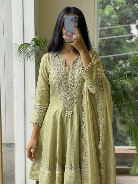 Nazakat-E-Tissue Mehendi Green Short Anarkali Sharara Suit Set