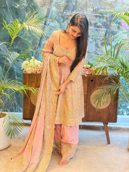 Roselle Pink Brocade Kurta Pant Set with Zari Work