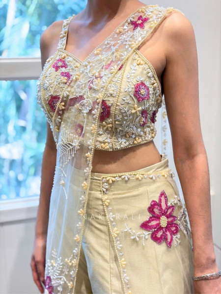 Cressa Cream Crop Top Palazzo Set with Floral Sequin Beads Pearl Work