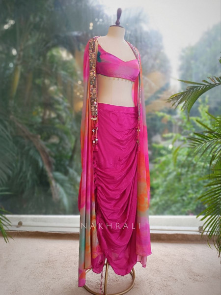 Celeste Charm Magenta Crop Top Skirt Set with Cape