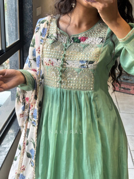 Nilora Green Anarkali Suit Set with Floral Dupatta