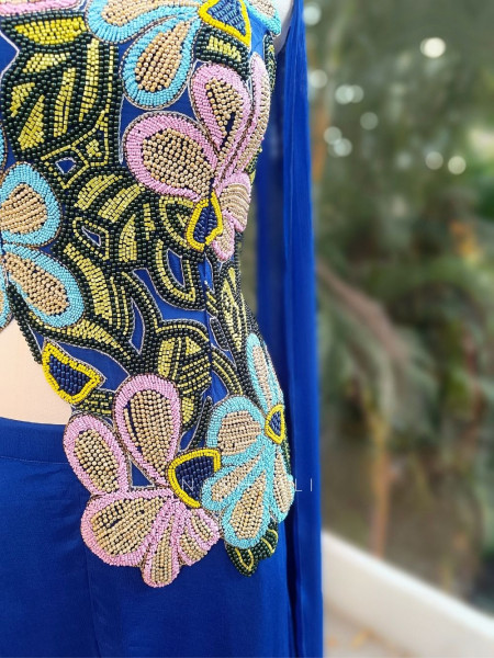 Yevira Blue Bead Embellished Crop Top Palazzo Set with Dupatta