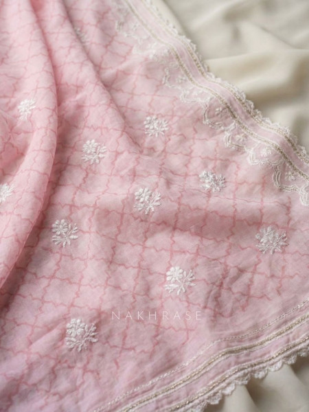 Roselune Pink Floral Printed Dress Material with Embroidered Border