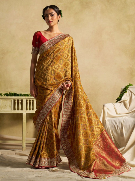 Amber Glow Mustard Dola Silk Saree with Zardozi Border