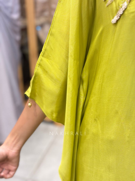 Parnika Parrot Green Kaftan Set with Sequin and Cut Dana Neck Collar Work