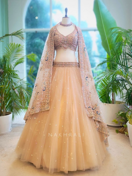 Hazel Grace Brown Net Lehenga with Embroidery & Zari Work