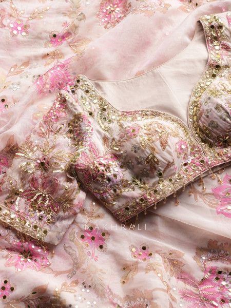 Petal Gleam Pink Floral Silk Organza Saree