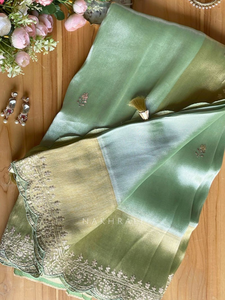 Skylight Pista Green Zari Weaved Saree with Embroidered Border