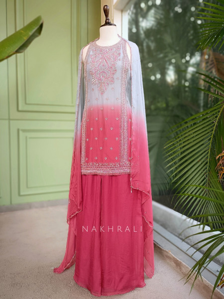 Noorvati Sky Blue Ombre Embroidered Silk Suit Set with Palazzo & Dupatta