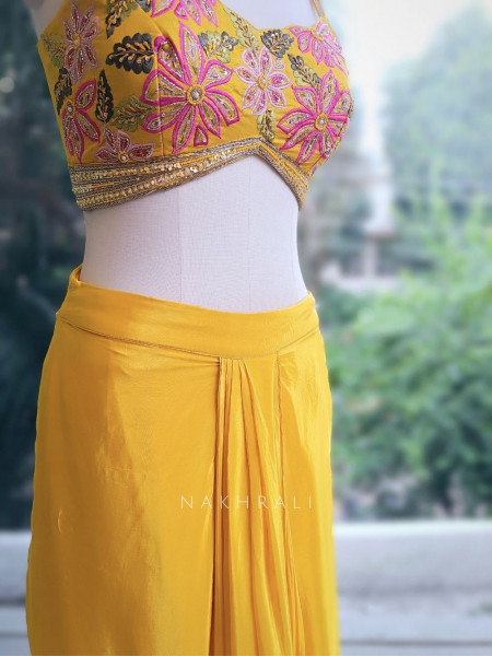 Mustard Luxe Crop Top Drape Skirt Set with Jacket