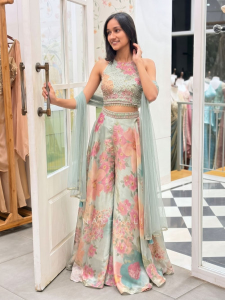 Kiyana Pista Green Indo Western Crop Top Plazzo Set with Stone Work