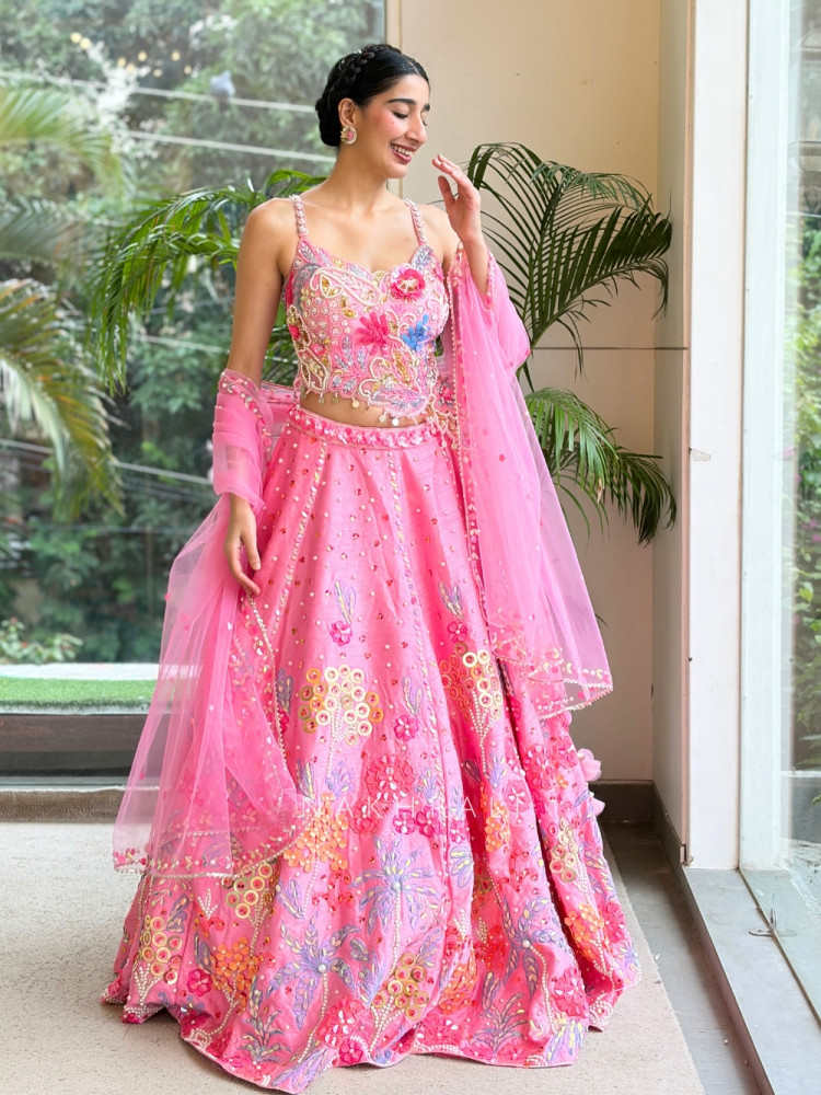 Image of Verbena Pink Raw Silk &amp; Tulle Carnival Lehenga Set