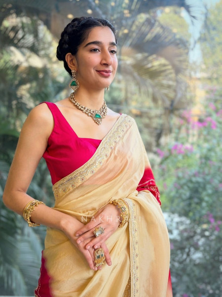 Aaru Beige Crepe Silk Saree with Zari Pallu Print