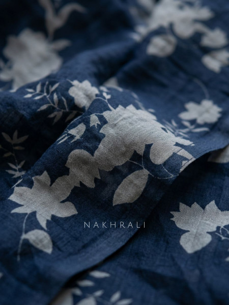 Myrin Blue Floral Printed Dress Material with V Neck Embellishmen