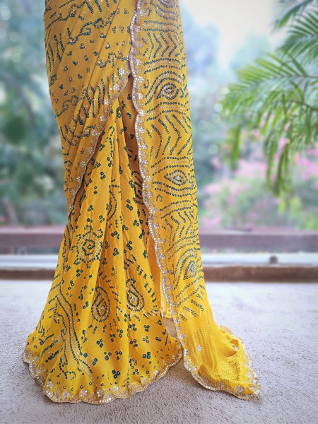 Mehrang Yellow Bandhani Saree with Gota Border