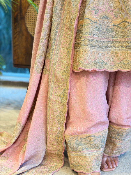 Roselle Pink Brocade Kurta Pant Set with Zari Work