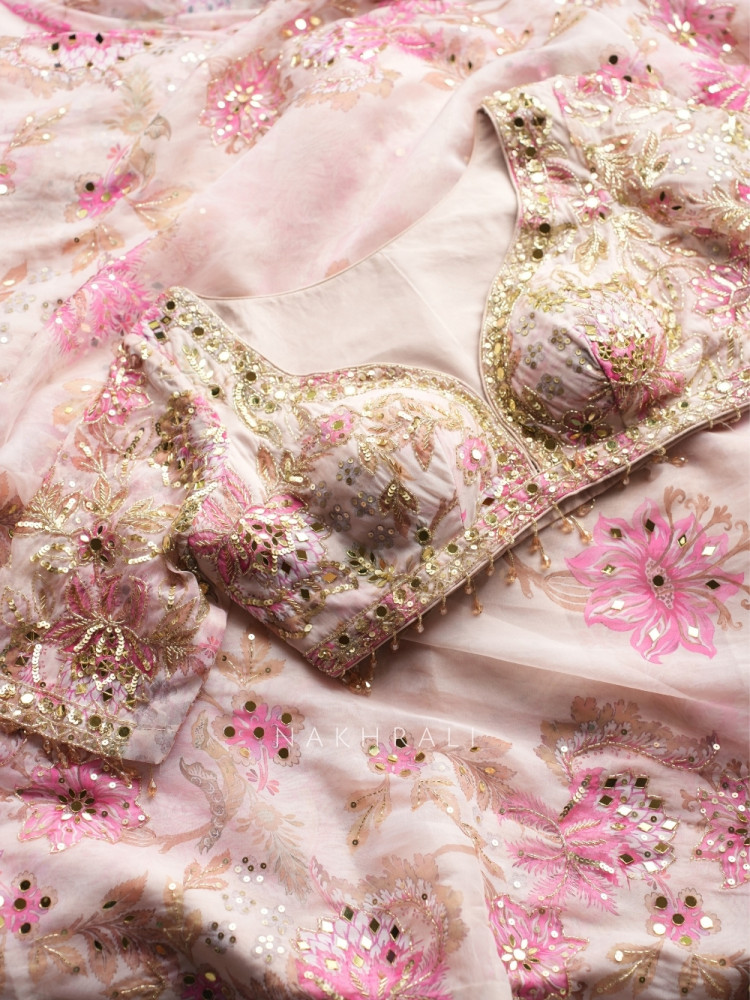 Image of Petal Gleam Pink Floral Silk Organza Saree