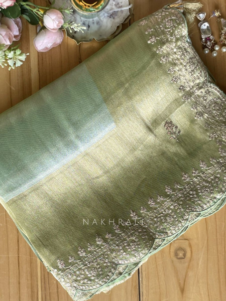 Skylight Pista Green Zari Weaved Saree with Embroidered Border
