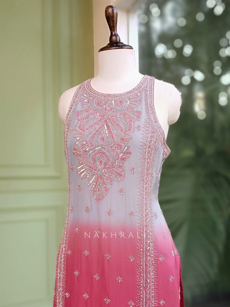 Noorvati Sky Blue Ombre Embroidered Silk Suit Set with Palazzo & Dupatta