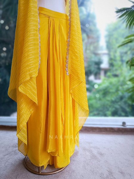 Mustard Luxe Crop Top Drape Skirt Set with Jacket